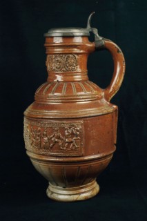 Stoneware jug with embossed peasant dances, farmer's pitcher with tin lid, farmer's pitcher jug crockery holder ceramic