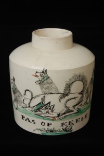 White tea canister with four dogs in black and green and PAS OP KEESE, tea caddy holder ceramic earthenware glaze, baked painted
