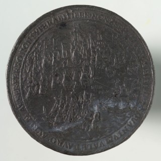Medal with the silver fleet in the bay of Matanzas attacked by Dutch ships, penning visual material lead metal, the Silver fleet