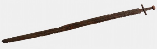 Blade with crossbar and lifting knob, sword hilt weapon soil find wrought iron metal total, Long fairly evenly wide lasting flat