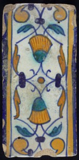 Border tile, flower decoration in blue, yellow and green, upper and lower edge blue and yellow, border tile wall tile tile