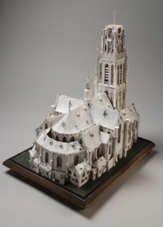 Cardplate model of the Laurenskerk on wooden plateau with twisted legs, model cardboard model paint glue wood on plateau