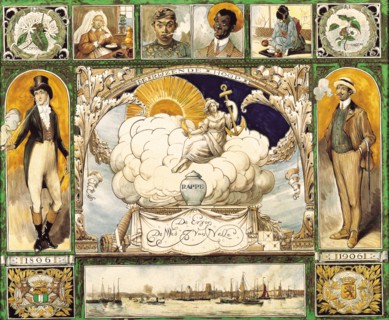 fabriek: Porceleyne Fles, Plaque of Van Nelle, The Rising Hope 1806 - 1906, in frame, plaque ceramic pottery tin glaze, majolica