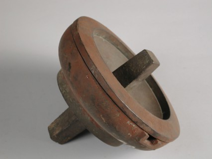 Two-piece round bronze mold for plate or bottom of pot or jug, cast molding tool tools base metal bronze, turned molded Two
