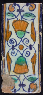 Border tile, flower decoration in blue, yellow and green, upper and lower edge blue and yellow, border tile wall tile tile
