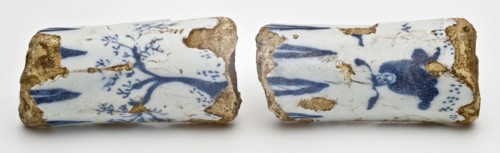 Fragments of faience case, Chinese decor on gray-white background, fragment earth discovery ceramic earthenware glaze tin glaze