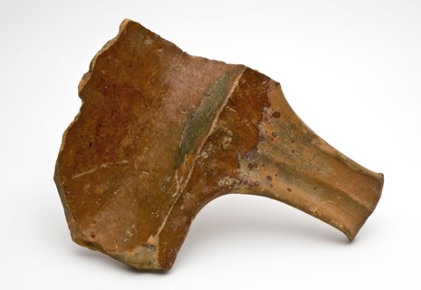 Fragment of spit dish or grease trap, with stem and one leg, grease trap baking utensil holder soil find ceramic earthenware