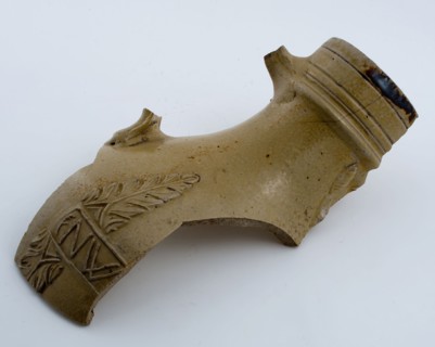 Neck and belly fragment of beard man, with spell and acanthus leaf, Bartmann juggeware tableware holder soil find ceramic
