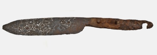 Short iron knife, marked, knife cutlery tools equipment soil find wrought iron metal, forged iron blade Some pointed end. One