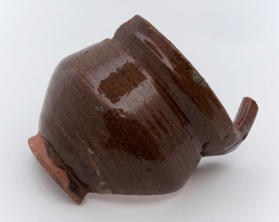 Fragment handle and bowl, molded handle, stain fire test test pot holder fragment earthenware ceramics earthenware glaze lead