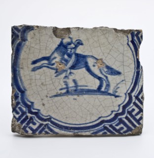 Animal tile, polished tile with hunting dog in circle with meanders, wall tile tile sculpture soil find ceramic earthenware