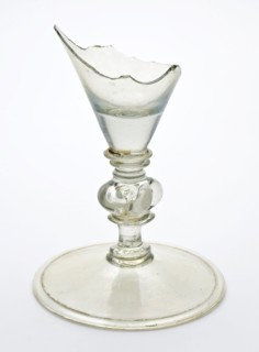 Fragment of foot, trunk and goblet of chalice, drinking glass drinking utensils tableware holder soil find glass, handblown