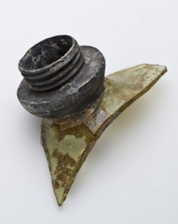 Fragment of part of shoulders, neck and mouth of stock bottle with tin screw closure, storage bottle bottle holder soil find