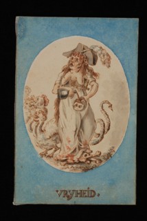 D.H., Map from 1796 with three cartoons on Equality, Freedom and Brotherhood, drawing footage paper ink watercolor, signed Paper