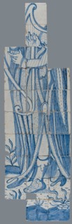 Tile panel in blue with harp player, David?, tile picture material ceramic earthenware glaze, in form made baked glazed painted
