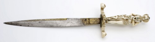 Knife with ivory handle, Venus and Amor, dated, knife dagger metal iron gold tin ivory, forged carved engraved Iron knife