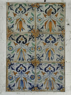 Tile field of six tiles, tulip heart, corner motif lily, polychrome, tiled field wall tile tile sculpture ceramics earthenware