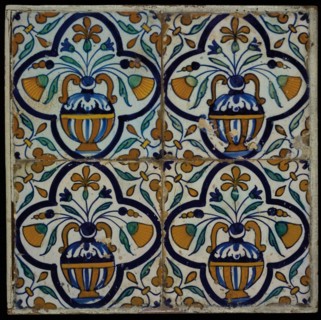 Tile field of four flower pots, framed, corner motif, wing leaf, polychrome, tiled pitch wall tile tile sculpture ceramics