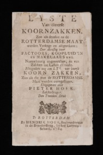 Hoek, Hendrik, CORNER, PIETER. List of various corn bags, old-print book information form paper, printed Lyste of various corn