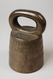 Bronze stool weight with caliper S and weight XII, stool weight weight bronze, Weight slightly conical with rounded lines
