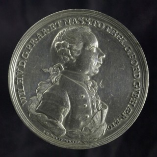 J.G. Holtzhey, Medal at the inauguration of William V as Stadholder, penning footage silver, bust of Willem V to the right