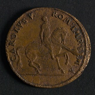 Medal Karel V, jeton use fee penny swap soil find? copper, king on horseback omschrift: CAROLVS V - ROM: IMP: SEM: - archeology