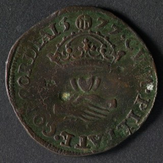 Medal on the appointment of Bucho of Ayta as toast to St. Bavo in Ghent, jeton utility penny swap copper, Front: ship