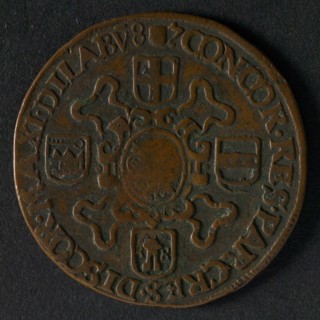 Presence medal of the States of Utrecht, penning footage copper, the coat of arms of the States of Utrecht with helmet