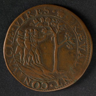 Medal on the conquest of Groningen, jeton utility medal penny exchange copper, five men pull tree over omschrift: .PRAEVALENT
