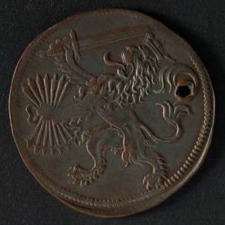 Medal on the peace negotiations of 1595, jeton utility medal penning exchange copper silver, armed man keeps watch on tower