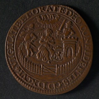 Medal on the threat of Zeeland by Albert of Austria, jeton utility medal medal exchange copper, Spanish and Staatse armies