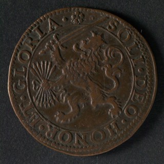 Medal on the victory of Prince Maurits at Turnhout and other war events, jeton utility medal penny exchange copper, crowned