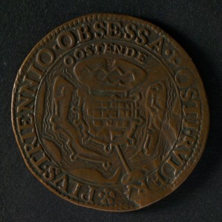Medal on the surrender of Ostend, jeton utility medal medal exchange buyer, map of Oostende omschrift: PLVS. TRIENNIO. OBSESSA
