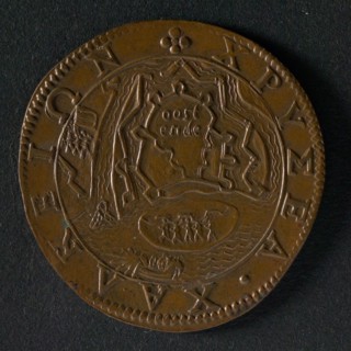 Medal on the surrender of Ostend, jeton utility medal medal exchange buyer, view of Sluis and surroundings, SLVIS (Sluis) legend