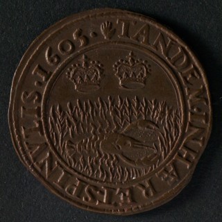 Medal on the surrender of Ostend, jeton utility medal penny exchange copper, lobster in thornbush above two crowns omschrift