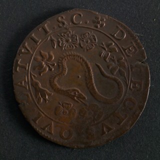 Medal on the gunpowder betrayal, jeton utility medal medal exchange copper, serpent between lilies and roses omschrift: DETECTVS