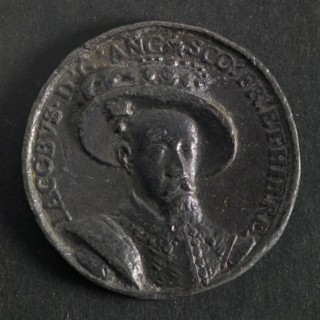 Medal on peace between England and Spain, medallion medals lead metal, bust James I somewhat to the right omschrift: IACOBVS. D.
