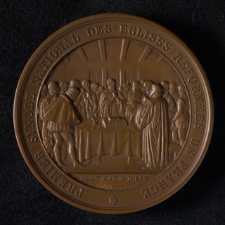 A. Bovy, Medal on the third centenary of the French Reformed Church, medallion bronze bronze 6.8, large group of clergy gathered