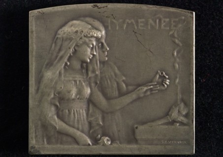 Émile Séraphin Vernier (Parijs 1852 - Parijs 1927), Playmette Hyméneé, rectangular with round top, wedding medal plaque medal