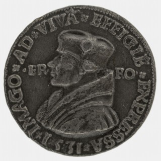 after:: Quinten Massijs, Terminus medal at Erasmus, medallion medals lead metal, hand-painted, left accustomed bust of Erasmus