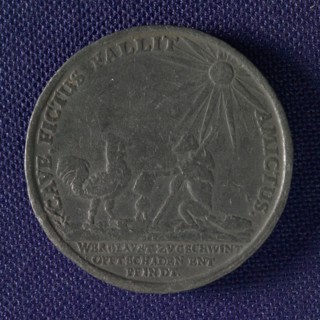 German penny on credulity, medallions lead metal, Fox shows rooster sealed certificate under bright sun legend: CAVE.FICTUS