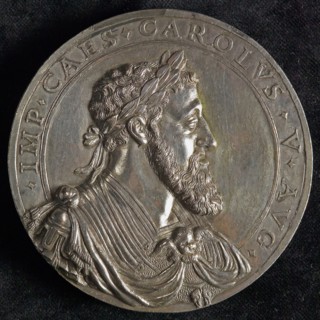 Medal on Charles V and Philips II, penning footage silver, Bust of Charles V to the right in Roman costume with laurel wreath