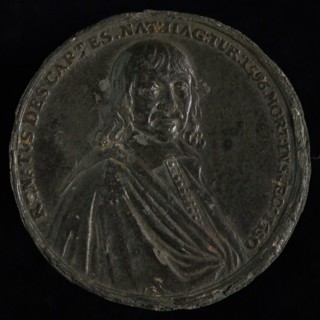 I. Smeltzing, Medal on the death of René Descartes in 1650, death certificate medallion images lead metal, bust of Descartes