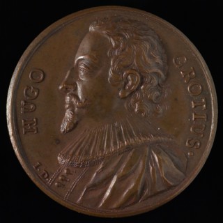 I.D. (J. Dassier?), Medal on the death of Hugo de Groot, death medal penning footage copper, left-to-right bust of Hugo de Groot