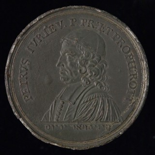Medal on the fiftieth birthday of Pierre Jurieu, medallion medals lead metal, left-handed bust of Pierre Jurieu, petition PETRVS