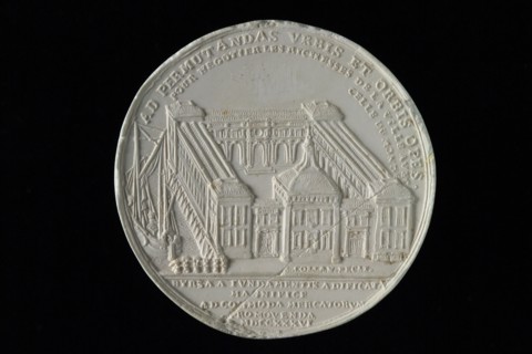 production: M. Holtzhey, One-sided gypsum print of reverse side of commemorative medal on the completion of the Rotterdam Stock