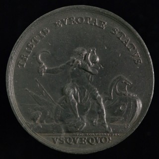 J.G. Holtzhey, Medal on the time conditions at the beginning of the year 1761, medallion lead metal lead, Saturn is on split