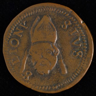 Medal St. Denis church, diocese of Liege, penning footage copper, head of St. Dionysius and face with miter, S-DIONI-SIVS