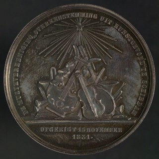 Medal on the occasion of the 25th anniversary of the Muziekgezelschap Ondereenstemming uit Kunstgevoel in Schiedam, penning