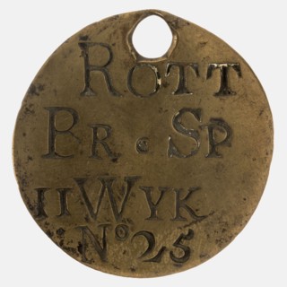 Fire spray of Rotterdam 1725, fire service penny identification device copper, engraved: ROTT w. SP II WYK No 25 Rotterdam fire